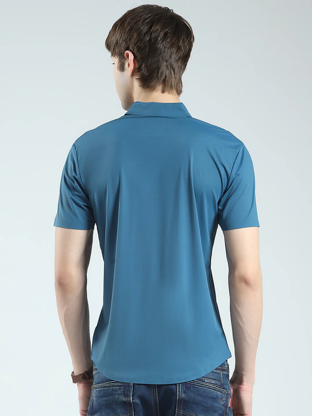 Men Teal Blue Solid Collar Half Sleeve Shirt - Image 5
