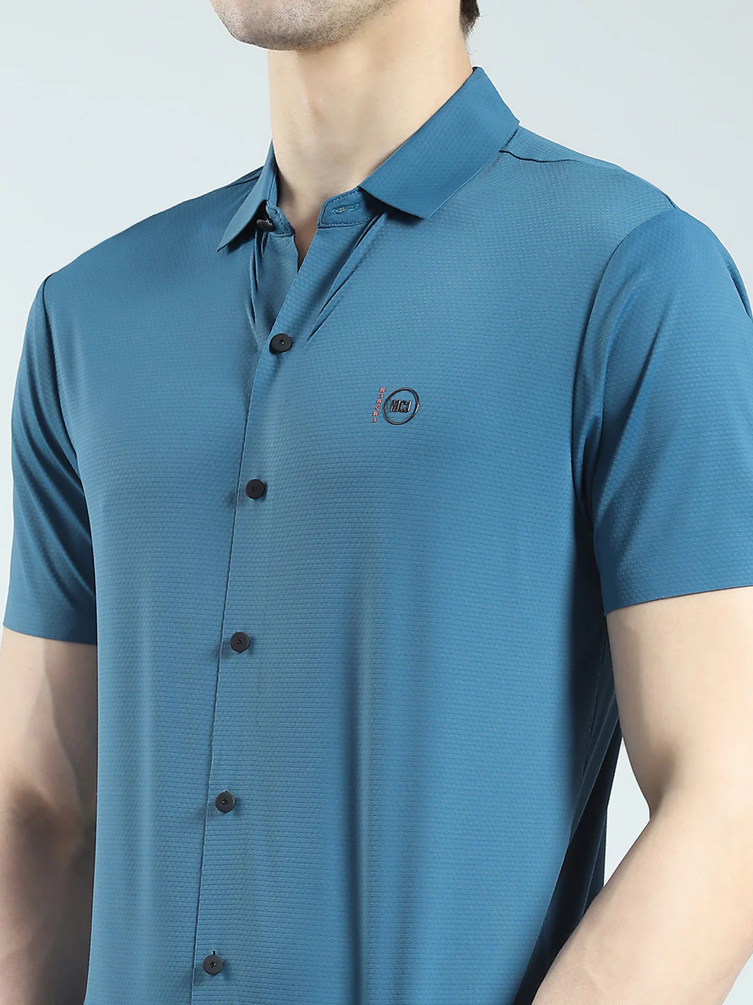 Men Teal Blue Solid Collar Half Sleeve Shirt - Image 6