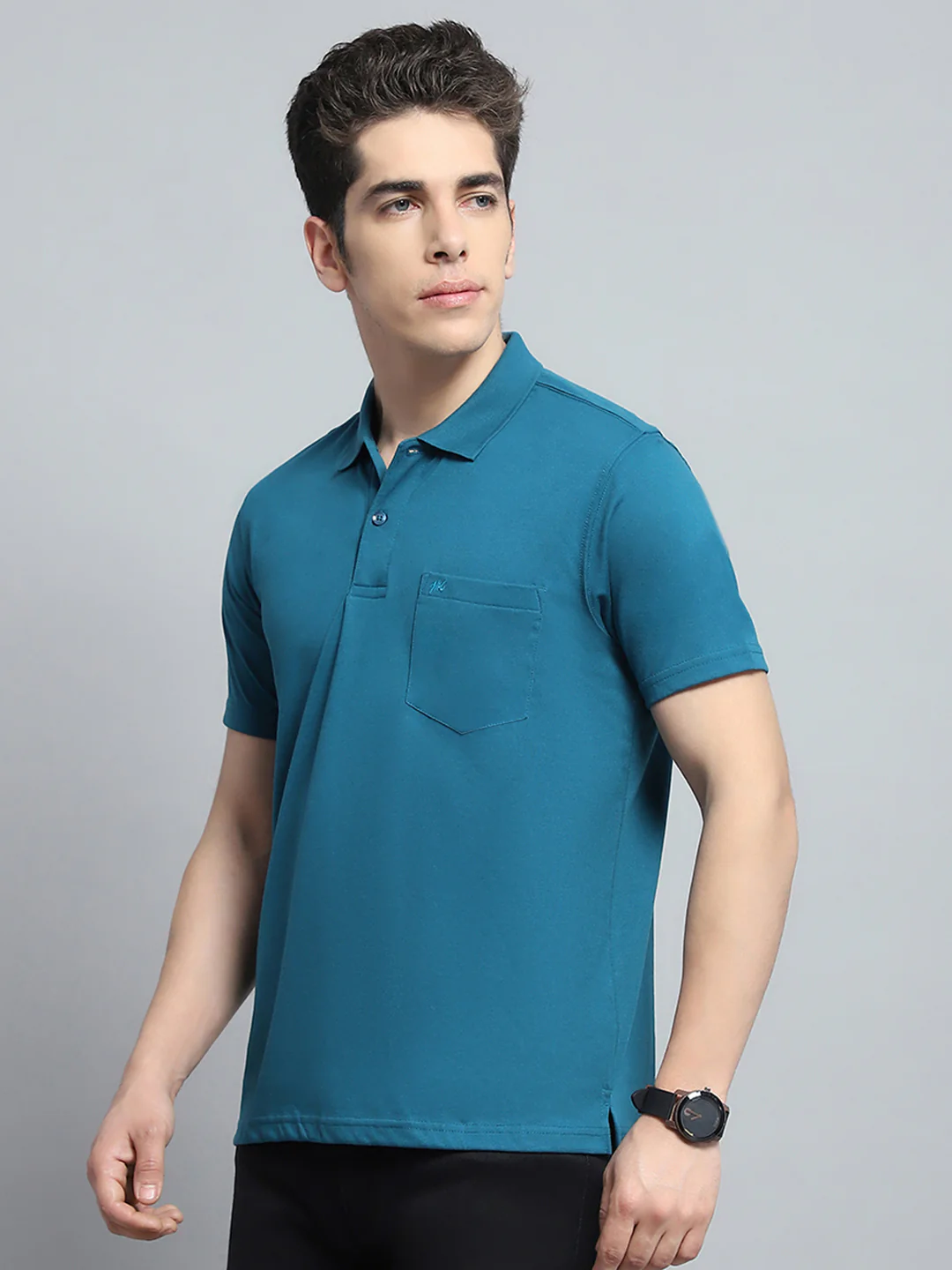Men Teal Blue Solid Collar Half Sleeve T-Shirt - Image 3