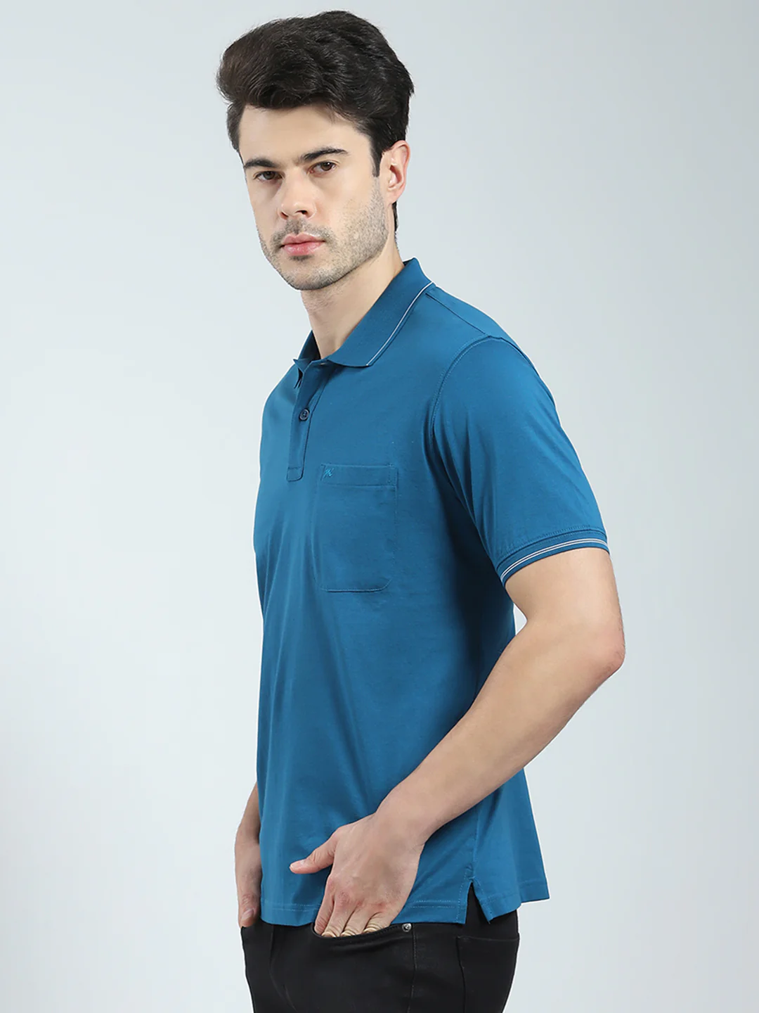 Men Teal Blue Solid Collar Half Sleeve T-Shirt - Image 3
