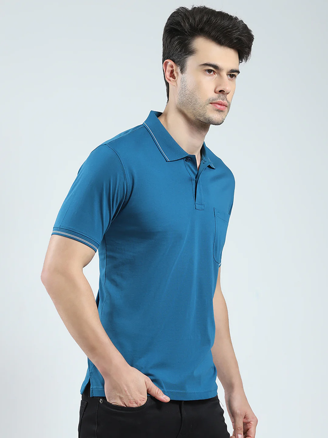 Men Teal Blue Solid Collar Half Sleeve T-Shirt - Image 4