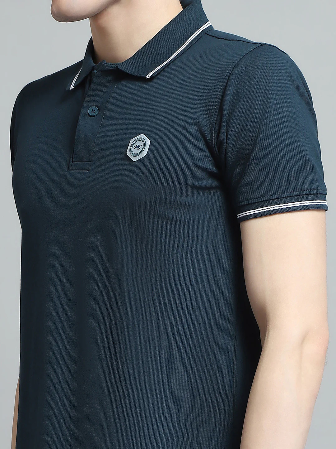 Men Teal Blue Solid Collar Half Sleeve T-Shirt - Image 6