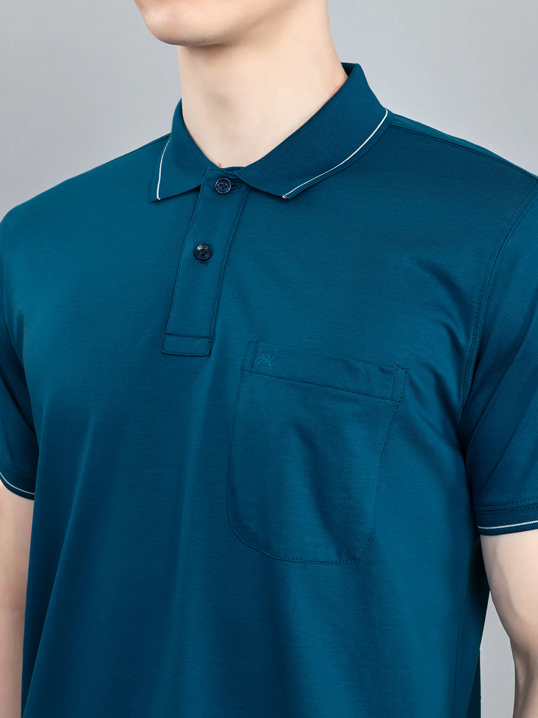 Men Teal Blue Solid Collar Half Sleeve T-Shirt - Image 3