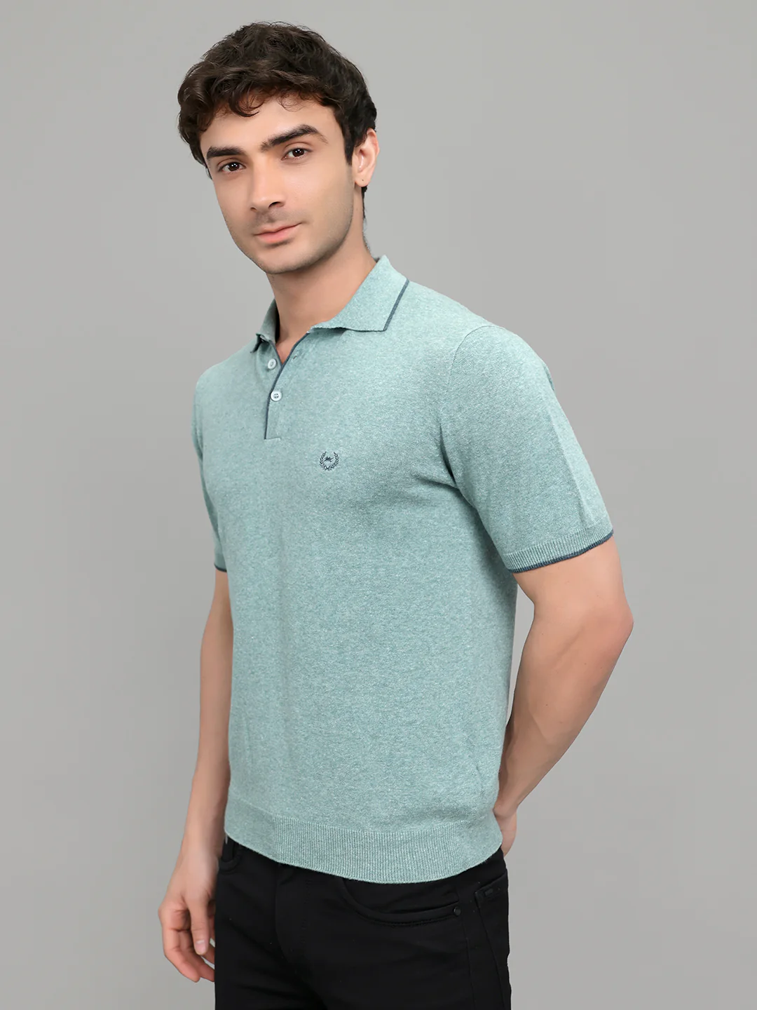 Men Teal Blue Solid Collar Half Sleeve T-Shirt - Image 2