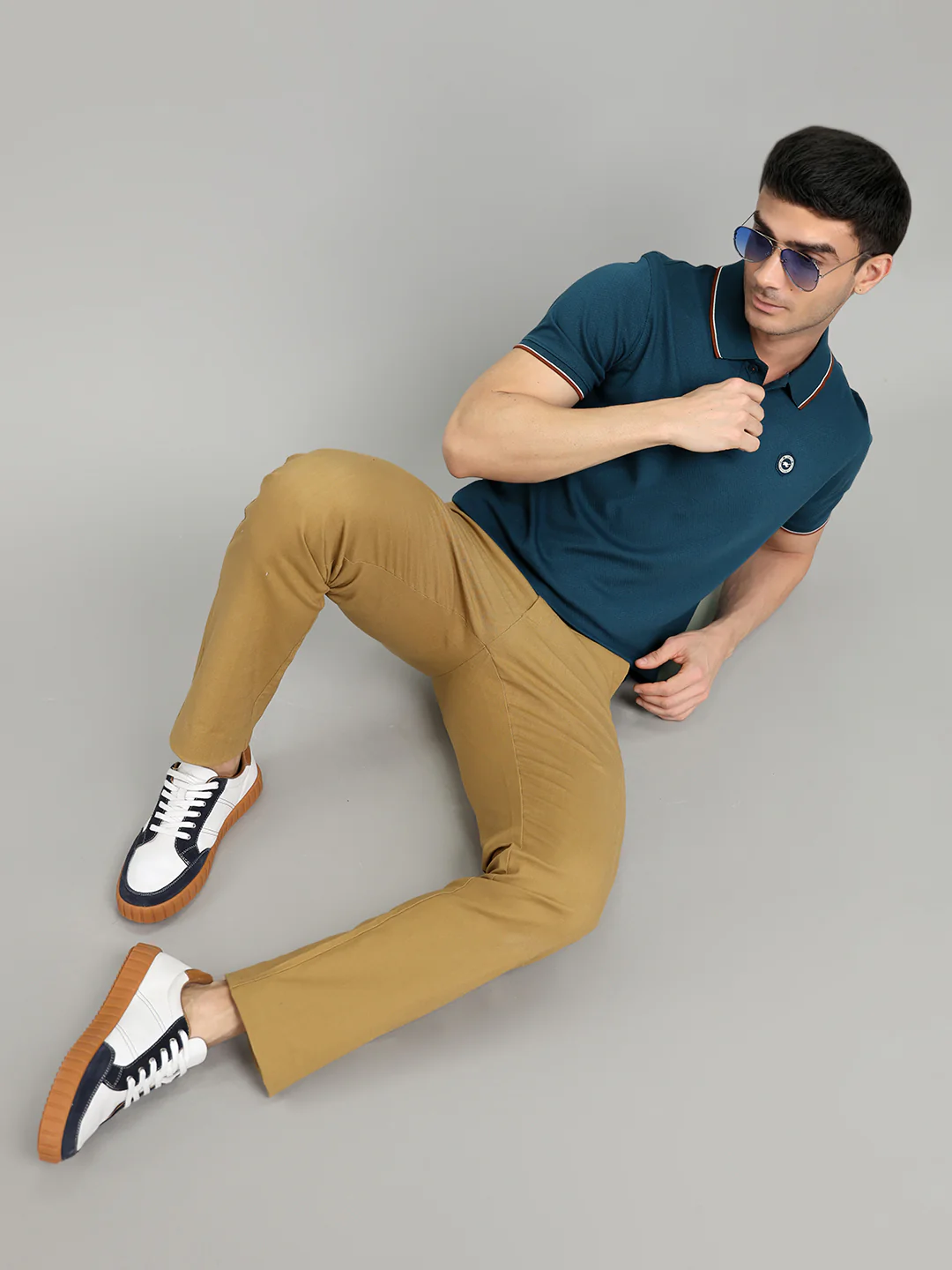 Men Teal Blue Solid Collar Half Sleeve T-Shirt - Image 6