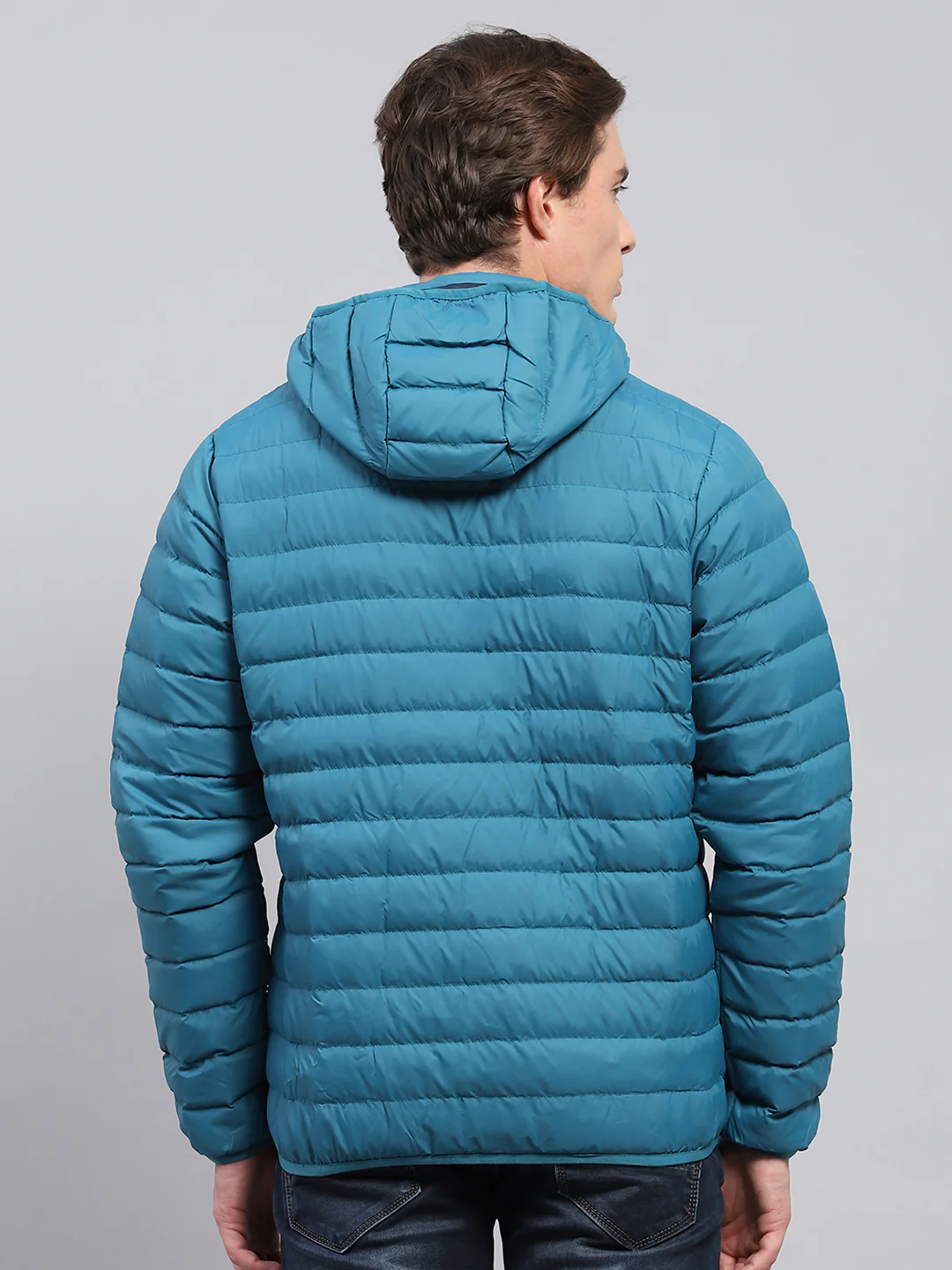 Men Teal Blue Solid Detachable Hood Full Sleeve Jacket - Image 5