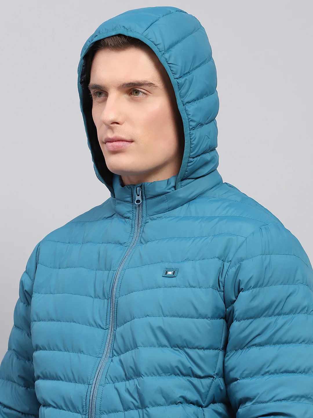 Men Teal Blue Solid Detachable Hood Full Sleeve Jacket - Image 7