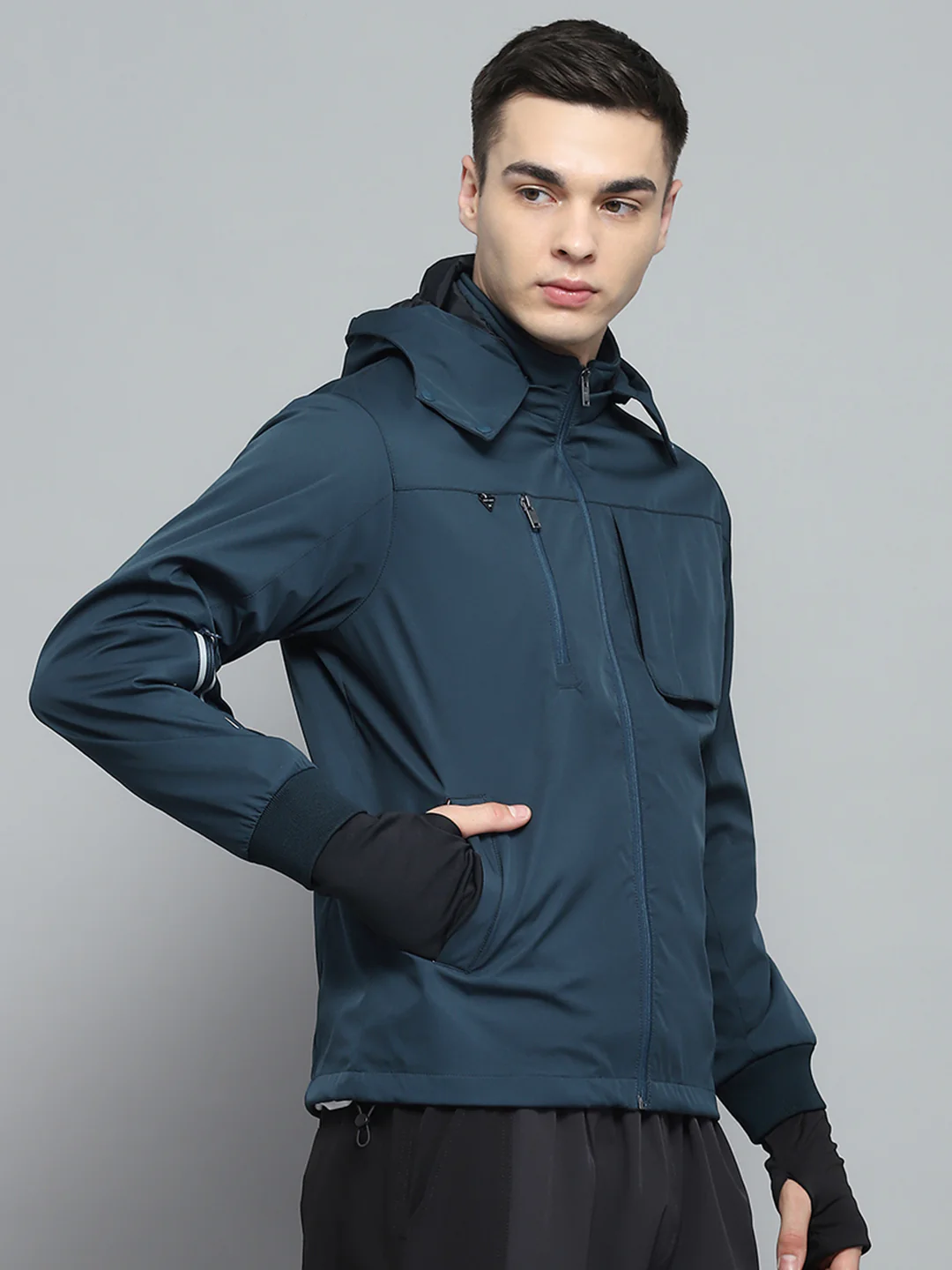 Men Teal Blue Solid Detachable Hood Full Sleeve Jacket - Image 4