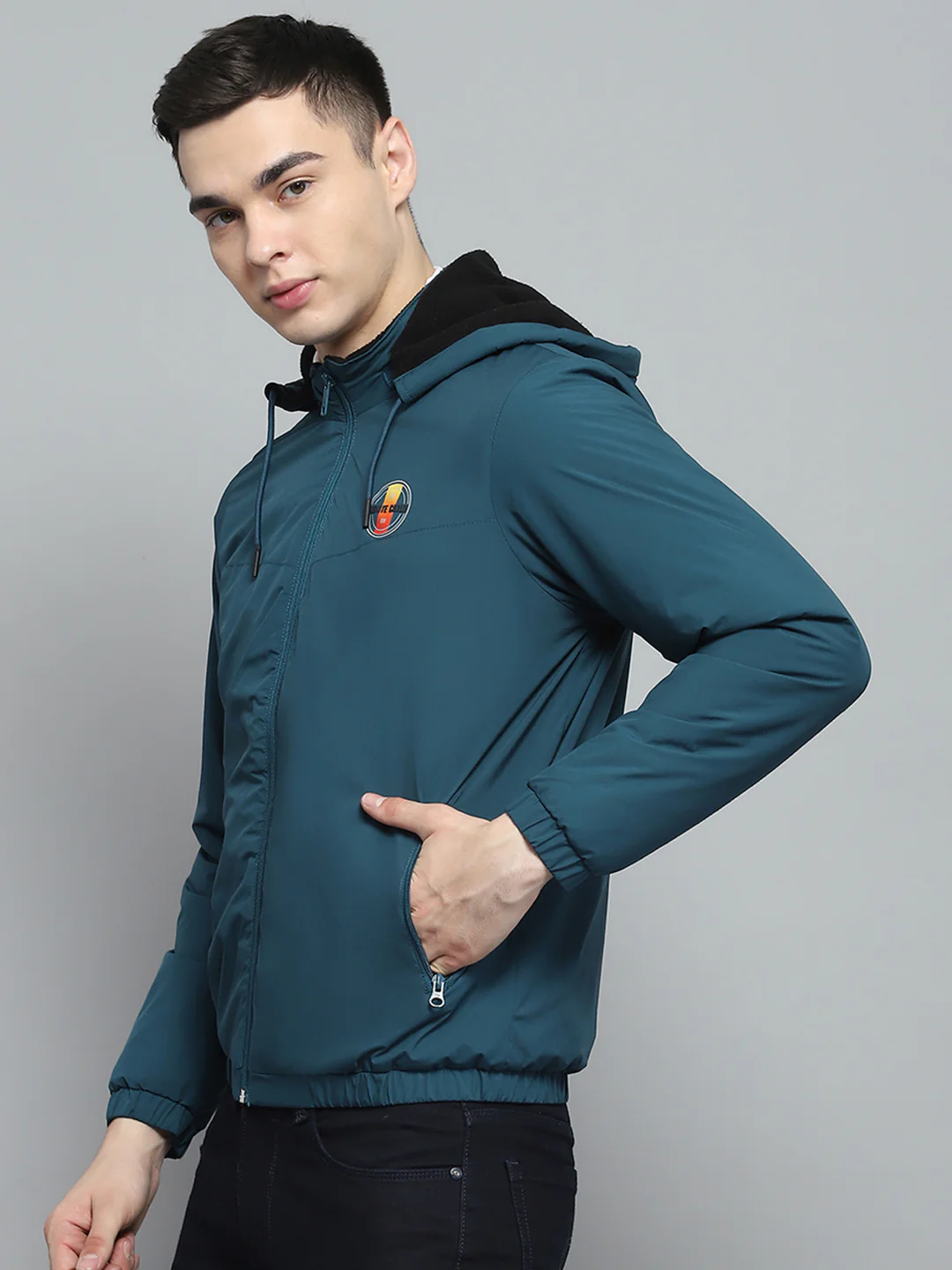 Men Teal Blue Solid Detachable Hood Full Sleeve Jacket - Image 3