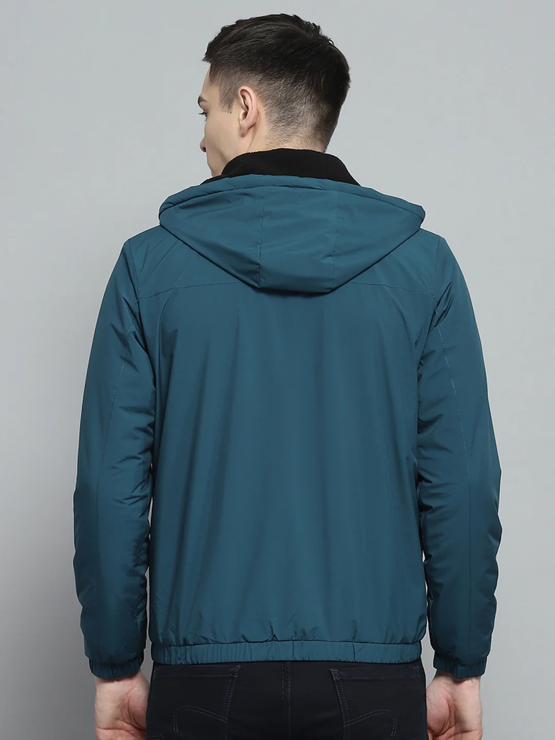 Men Teal Blue Solid Detachable Hood Full Sleeve Jacket - Image 5