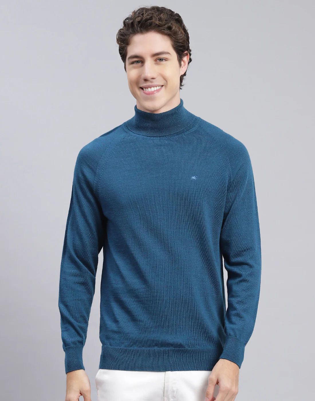 Men Teal Blue Solid High Neck Full Sleeve Pullover - Image 2