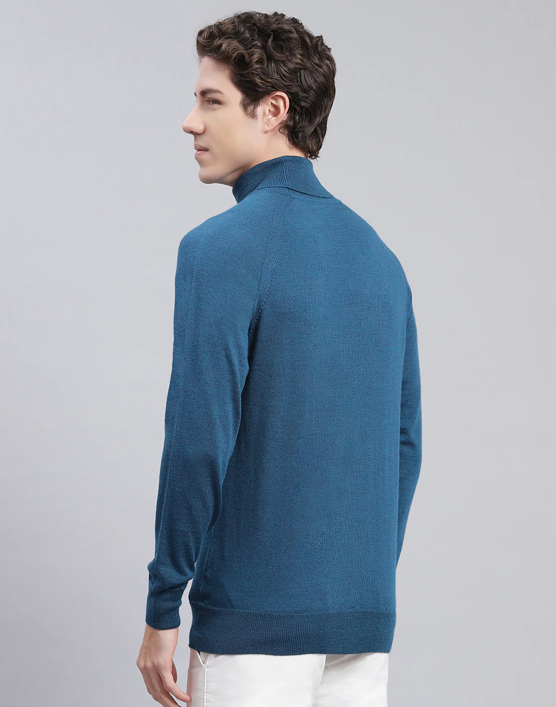Men Teal Blue Solid High Neck Full Sleeve Pullover - Image 5