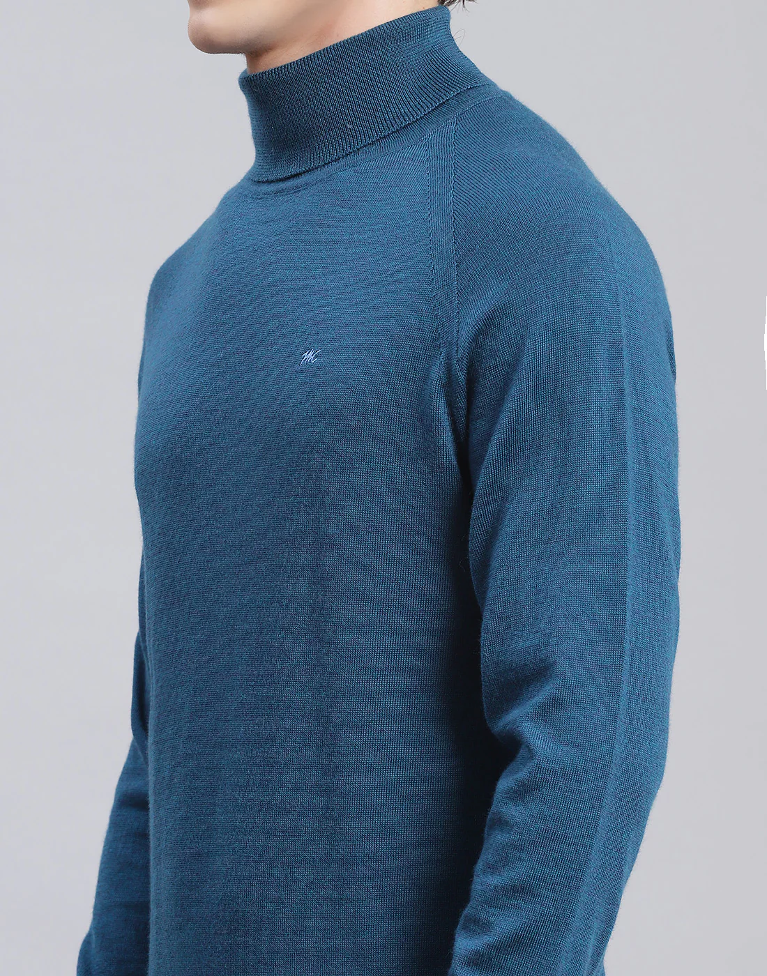 Men Teal Blue Solid High Neck Full Sleeve Pullover - Image 6
