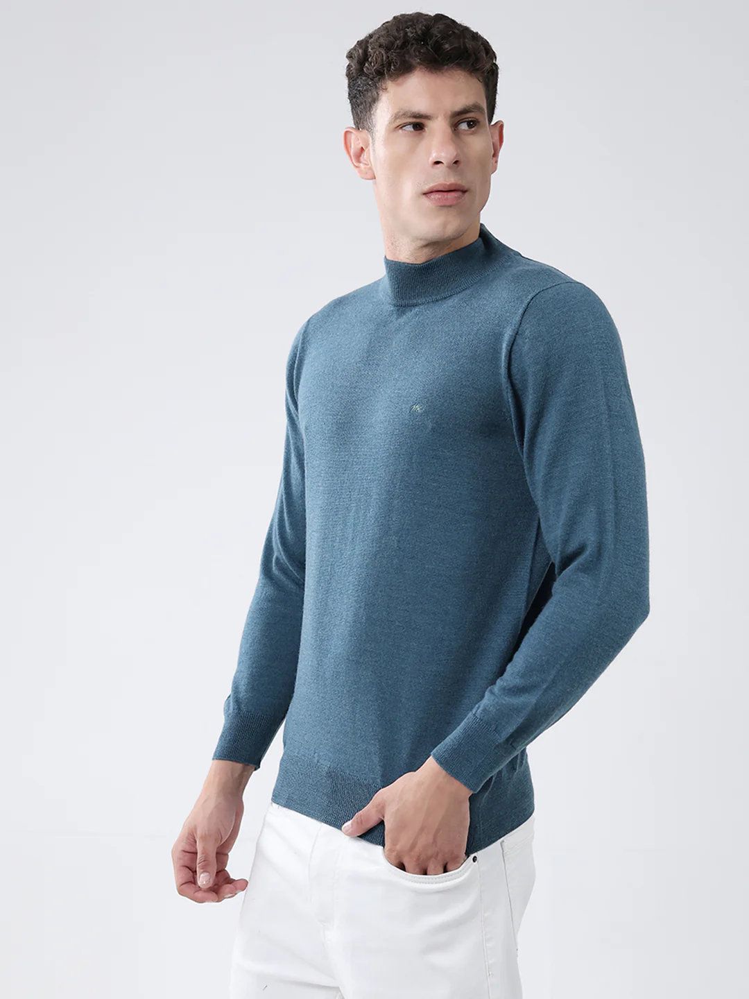Men Teal Blue Solid High Neck Full Sleeve Pullover - Image 3