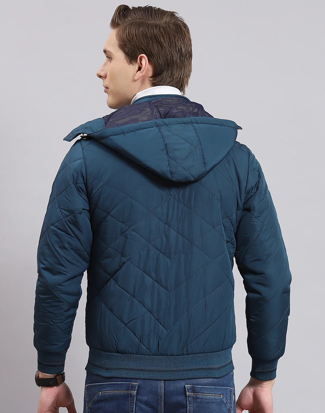 Men Teal Blue Solid Hooded Full Sleeve Jacket - Image 5