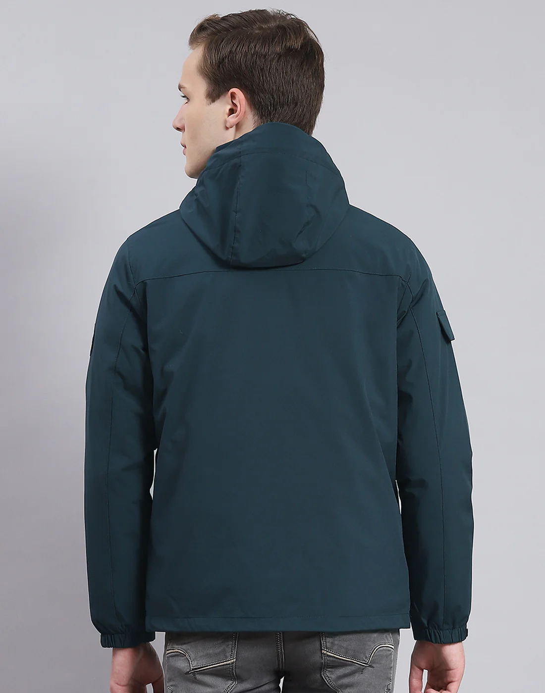 Men Teal Blue Solid Hooded Full Sleeve Jacket - Image 6
