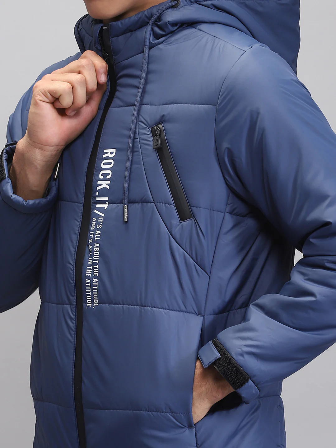 Rock.it Men Teal Blue Solid Hooded Full Sleeve Jacket - Image 6