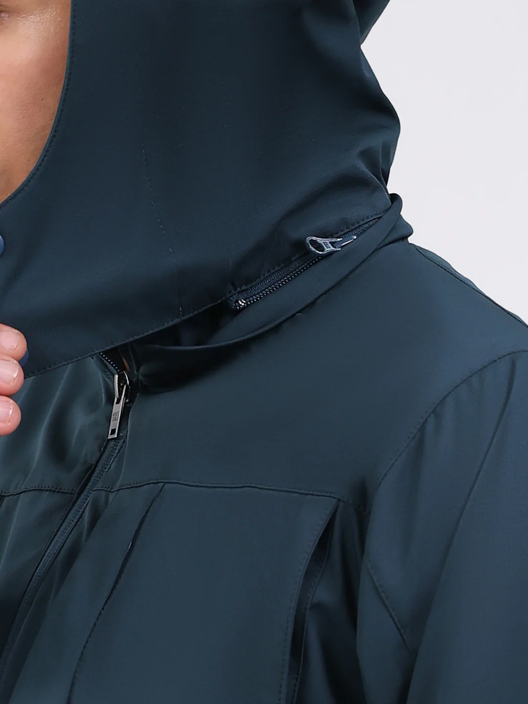 Men Teal Blue Solid Hooded Full Sleeve Jacket - Image 7