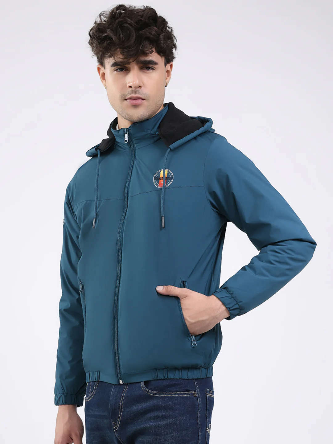 Men Teal Blue Solid Hooded Full Sleeve Jacket - Image 3