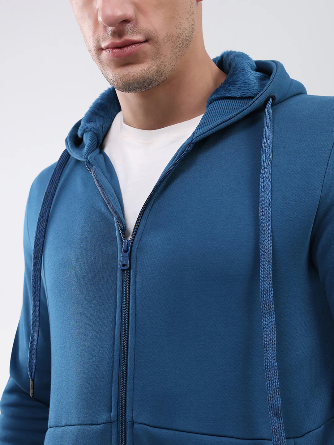 Men Teal Blue Solid Hooded Full Sleeve Sweatshirt - Image 6