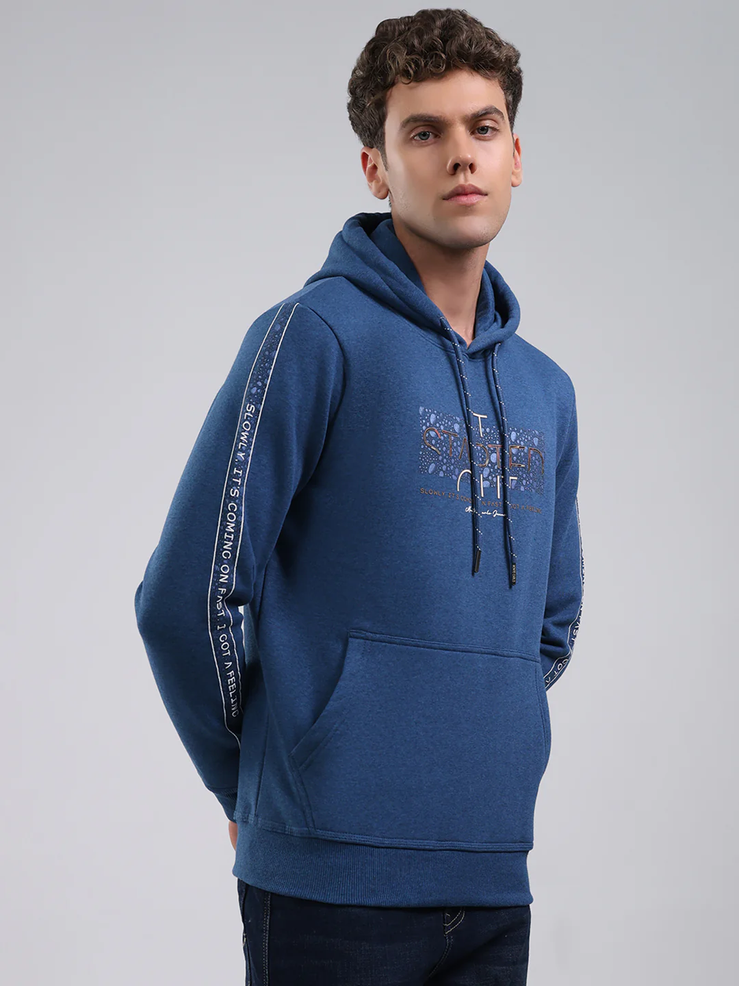 Men Teal Blue Solid Hooded Full Sleeve Sweatshirt - Image 4