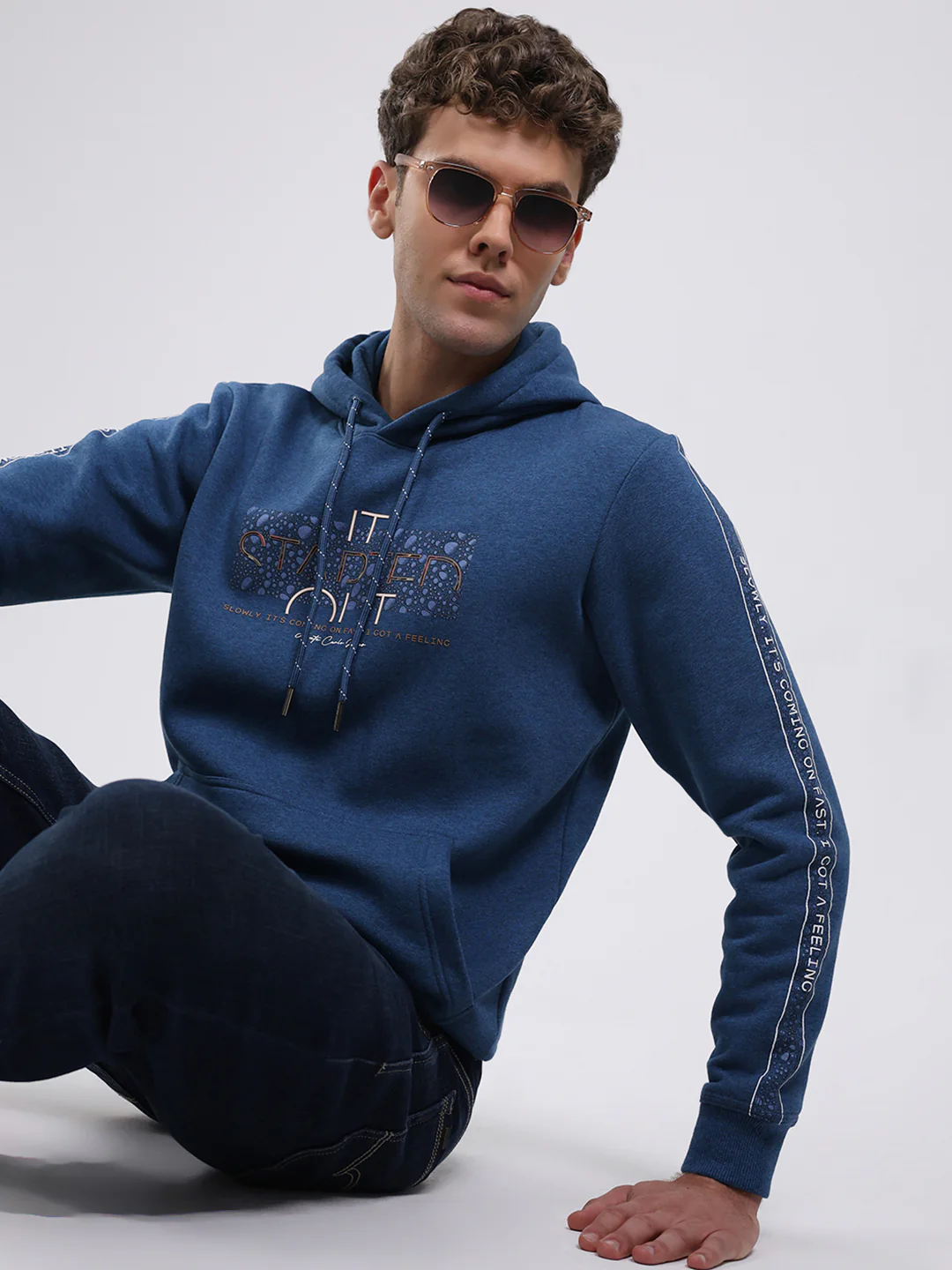 Men Teal Blue Solid Hooded Full Sleeve Sweatshirt - Image 6