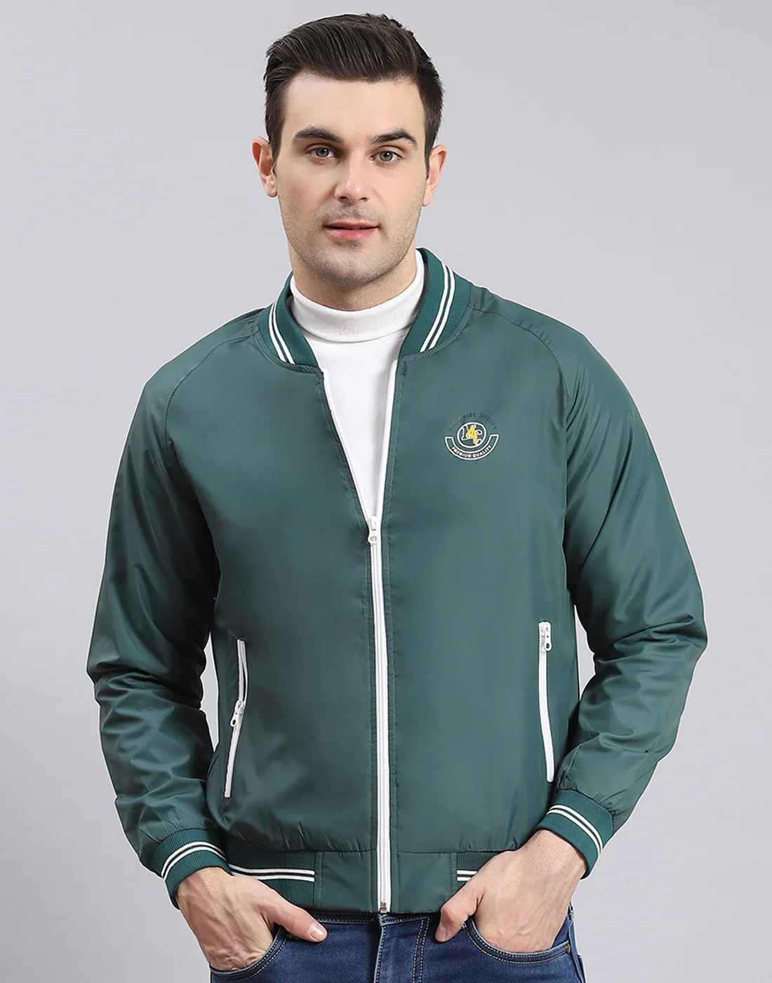 Men Teal Blue Solid Mandarin Collar Full Sleeve Jacket - Image 3