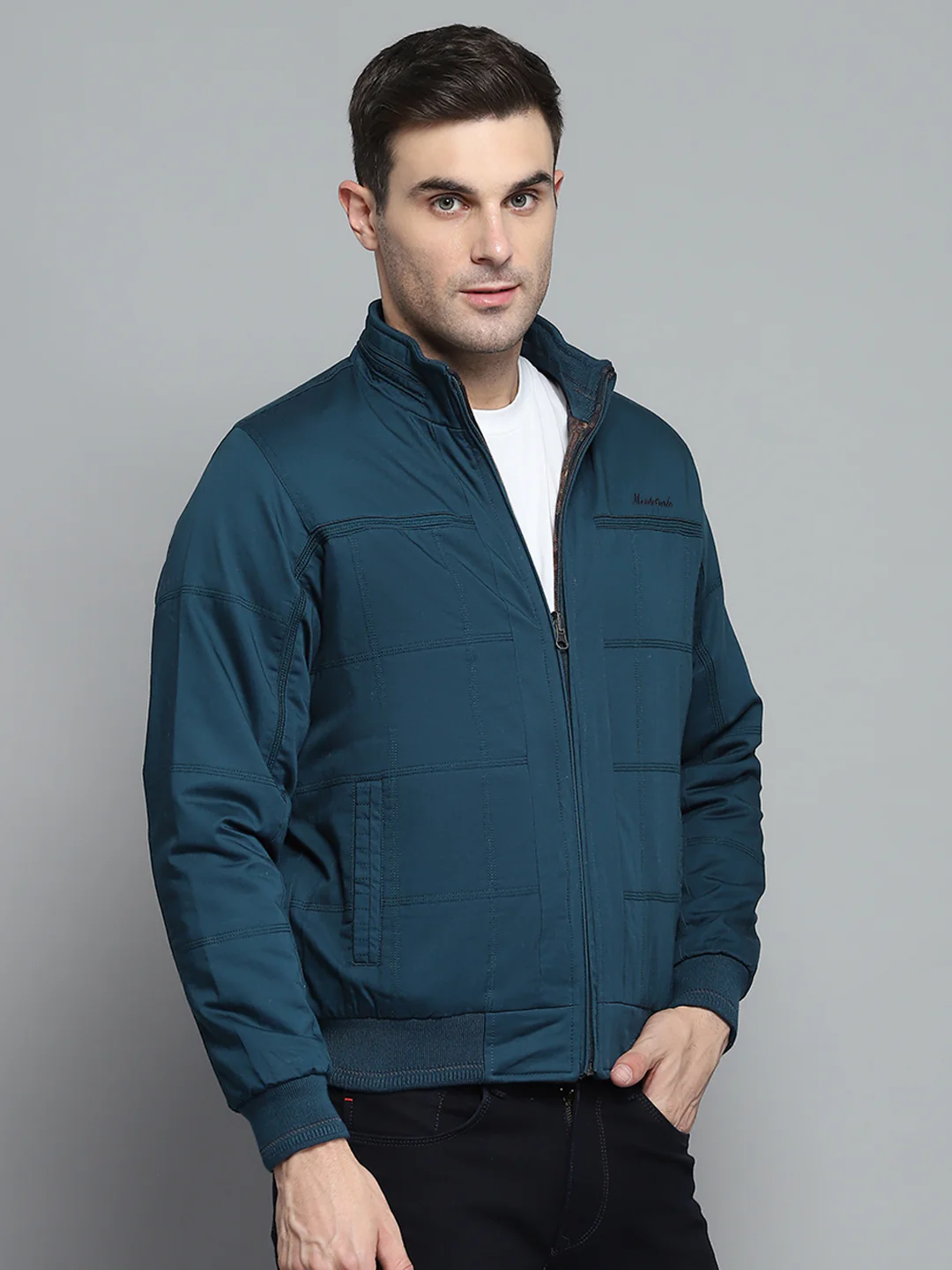 Men Teal Blue Solid Mock Neck Full Sleeve Jacket - Image 4