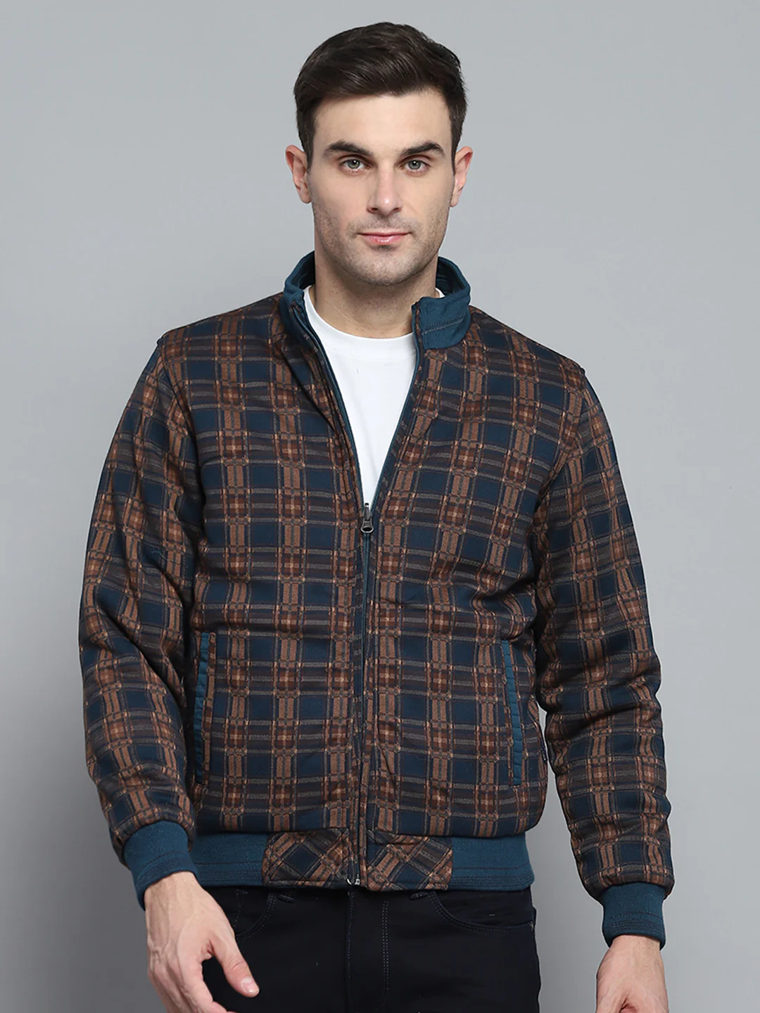 Men Teal Blue Solid Mock Neck Full Sleeve Jacket - Image 6