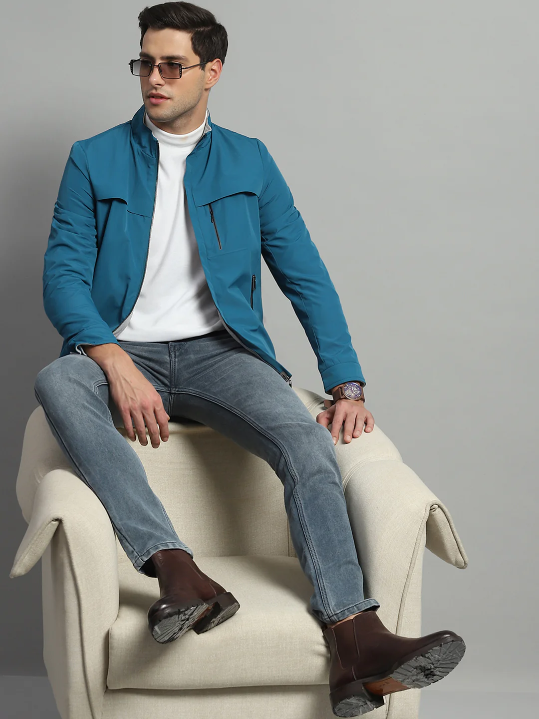 Luxuria Men Teal Blue Solid Mock Neck Full Sleeve Reversible Jacket - Image 2
