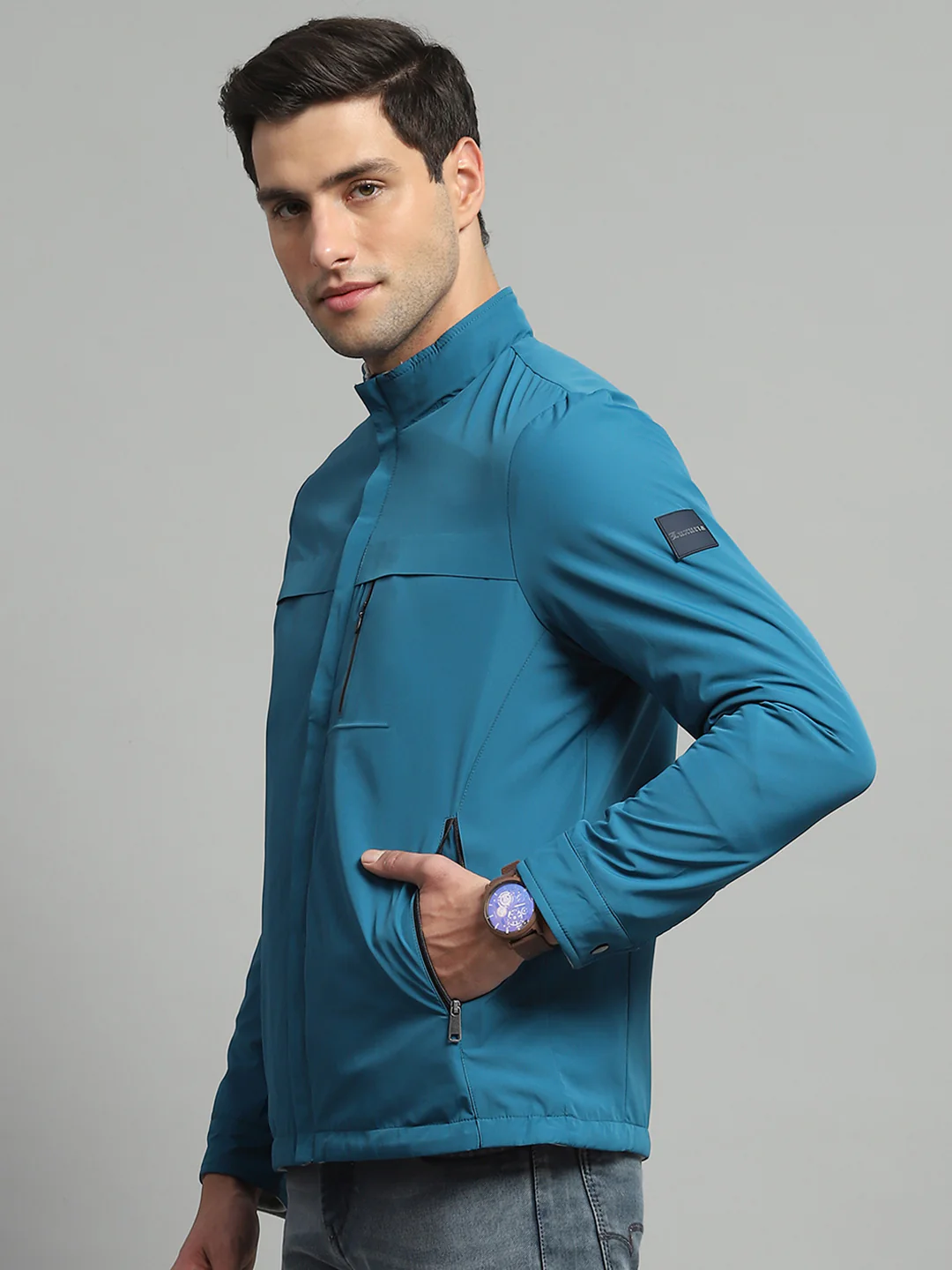 Luxuria Men Teal Blue Solid Mock Neck Full Sleeve Reversible Jacket - Image 3