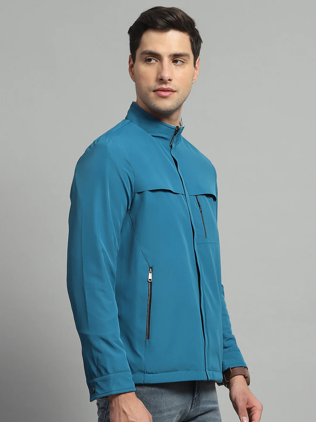 Luxuria Men Teal Blue Solid Mock Neck Full Sleeve Reversible Jacket - Image 4