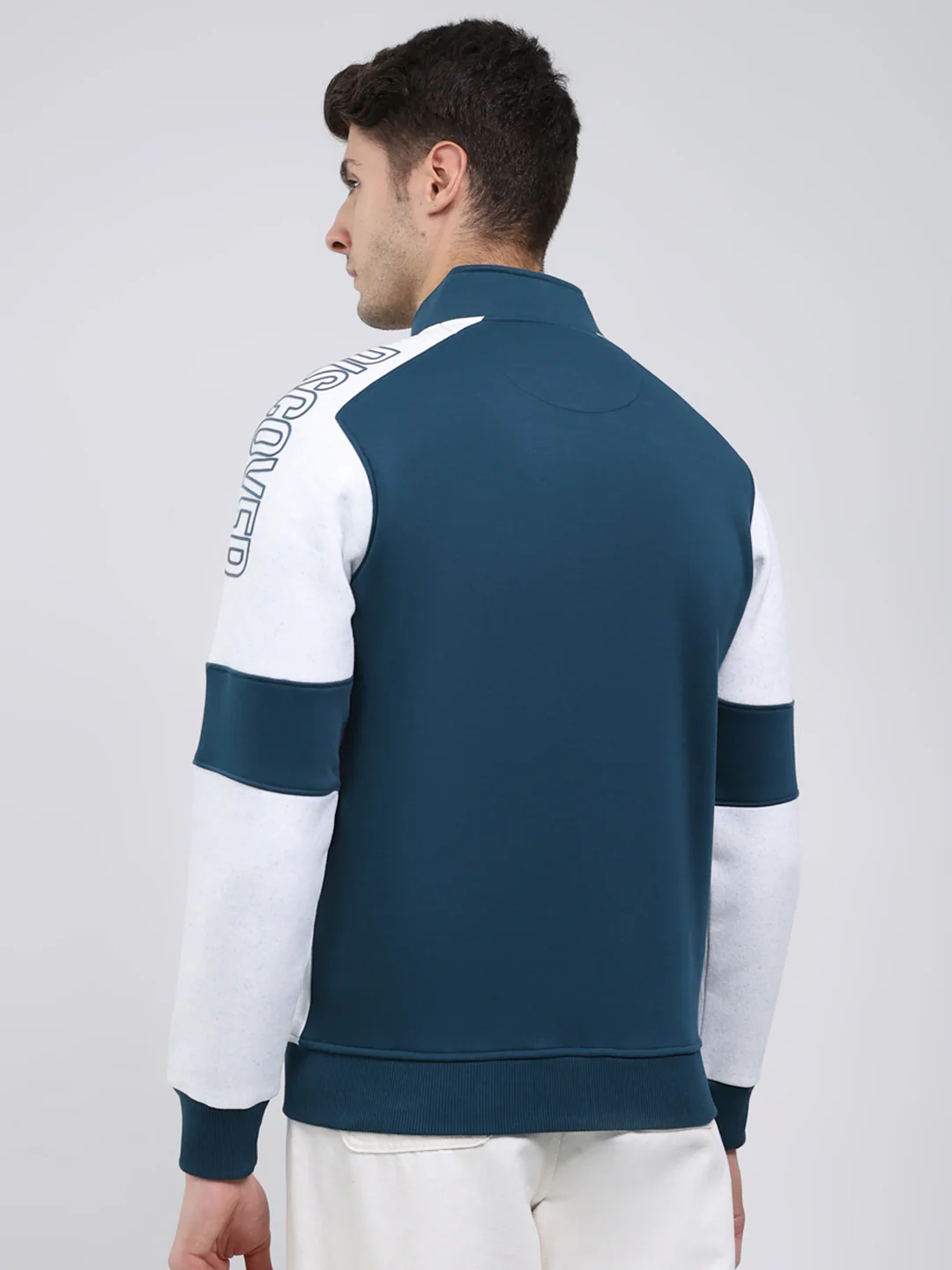 Men Teal Blue Solid Mock Neck Full Sleeve Sweatshirt - Image 5