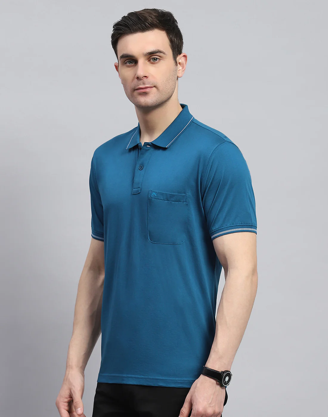 Men Teal Blue Solid Polo Collar Half Sleeve T-Shirt - Image 3