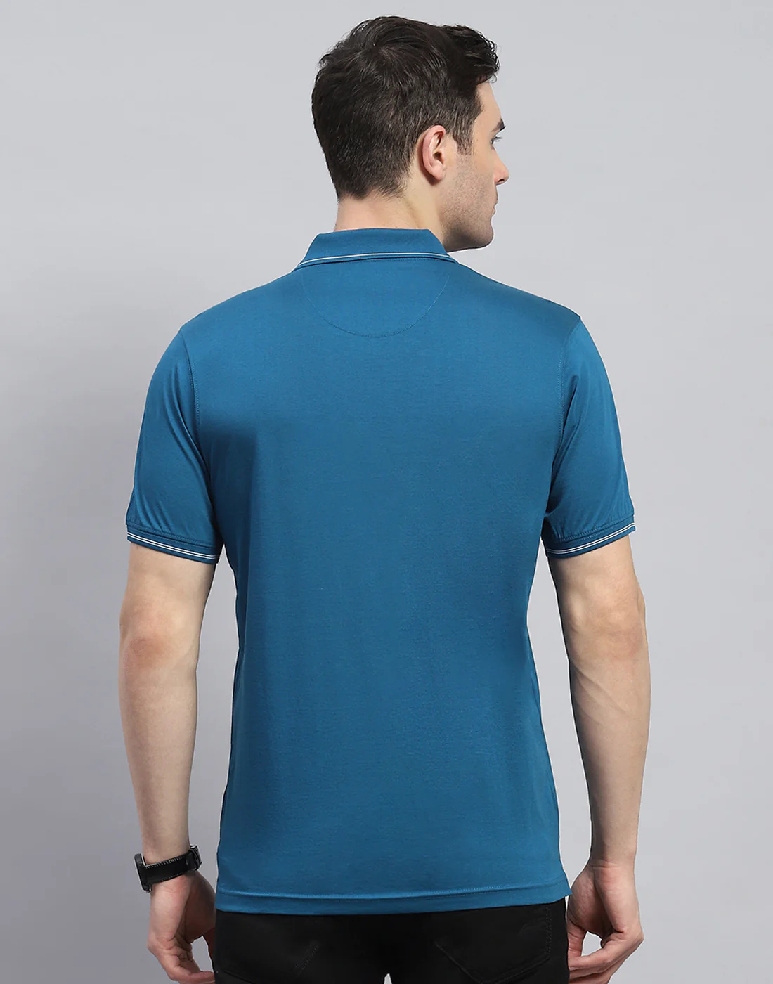 Men Teal Blue Solid Polo Collar Half Sleeve T-Shirt - Image 5