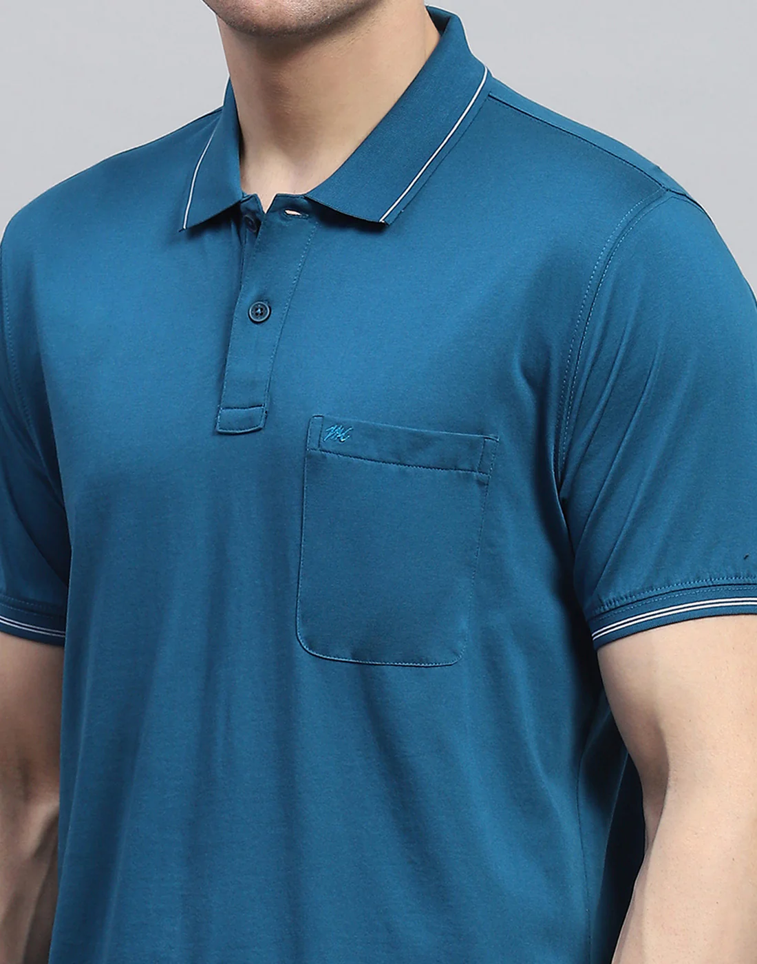 Men Teal Blue Solid Polo Collar Half Sleeve T-Shirt - Image 6