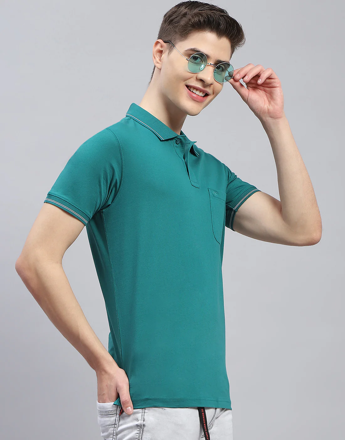 Men Teal Blue Solid Polo Collar Half Sleeve T-Shirt - Image 4