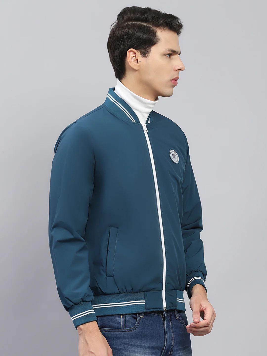 Men Teal Blue Solid Round Neck Full Sleeve Jacket - Image 4
