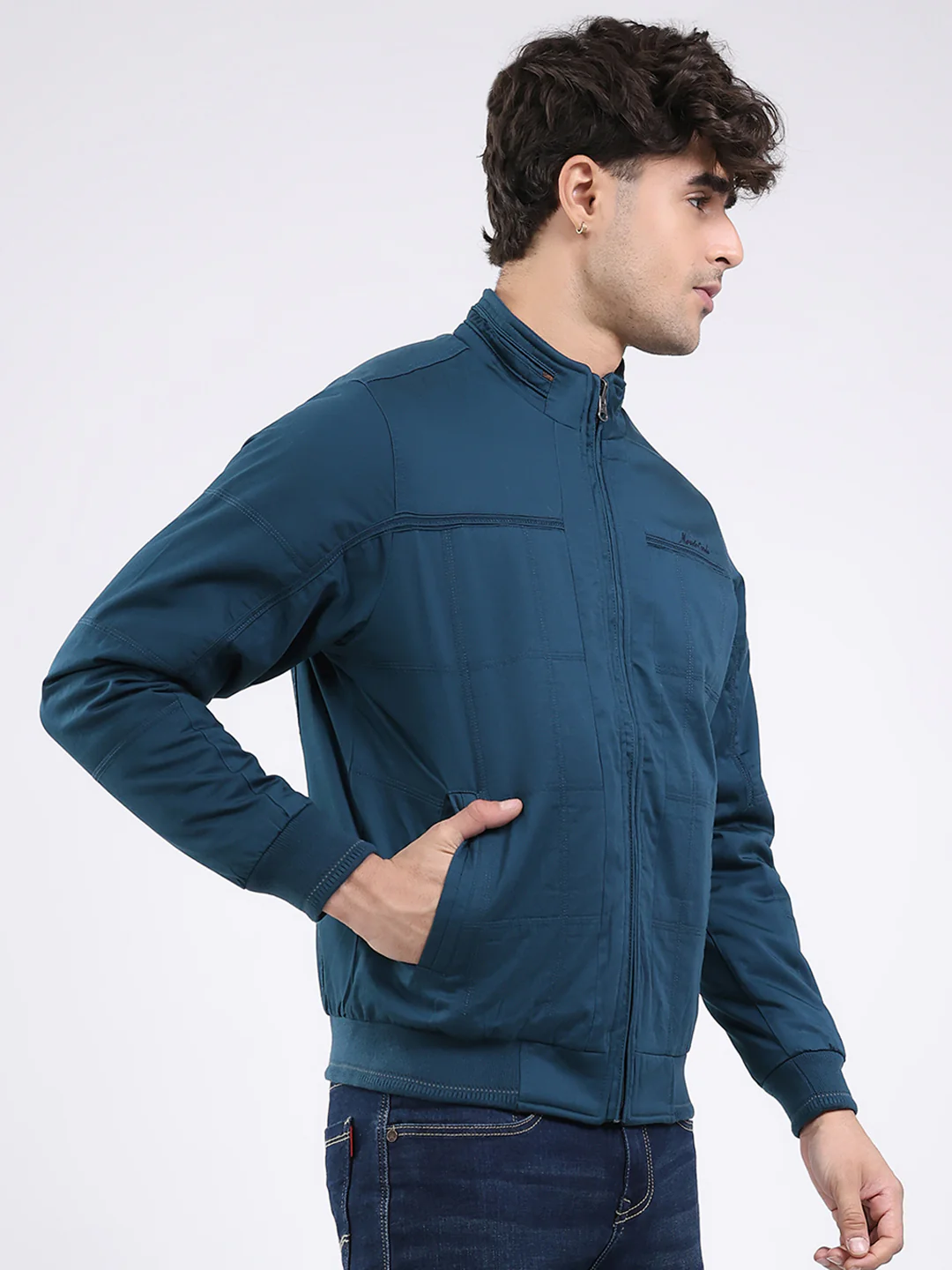 Men Teal Blue Solid Round Neck Full Sleeve Jacket - Image 4