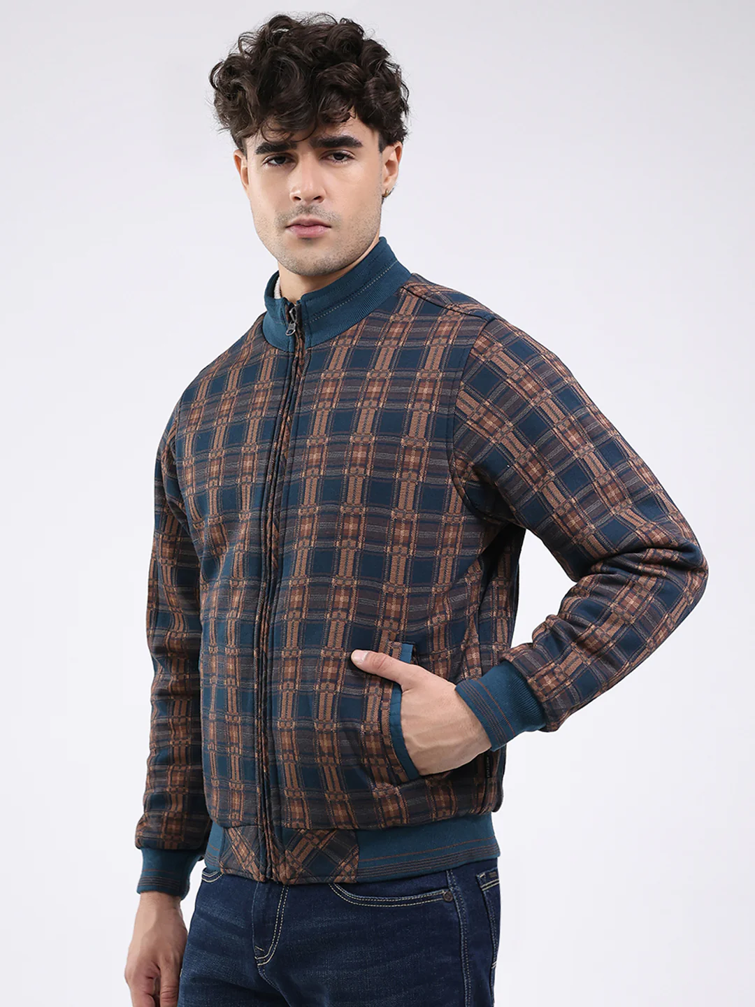 Men Teal Blue Solid Round Neck Full Sleeve Jacket - Image 8