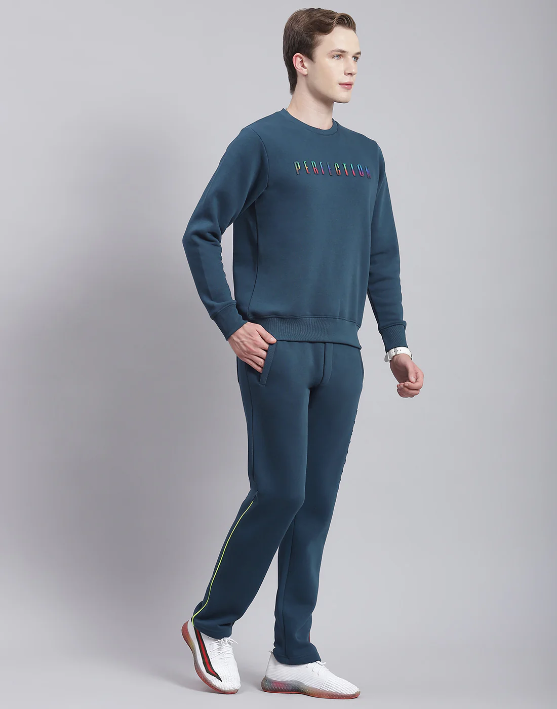 Men Teal Blue Solid Round Neck Full Sleeve Tracksuit - Image 5