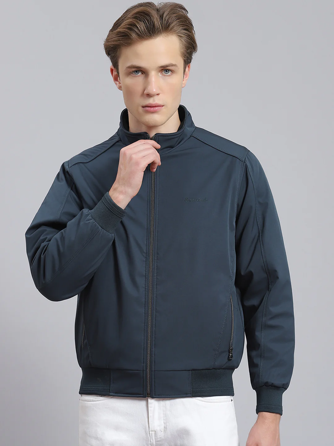 Men Teal Blue Solid Stand Collar Full Sleeve Jacket - Image 5