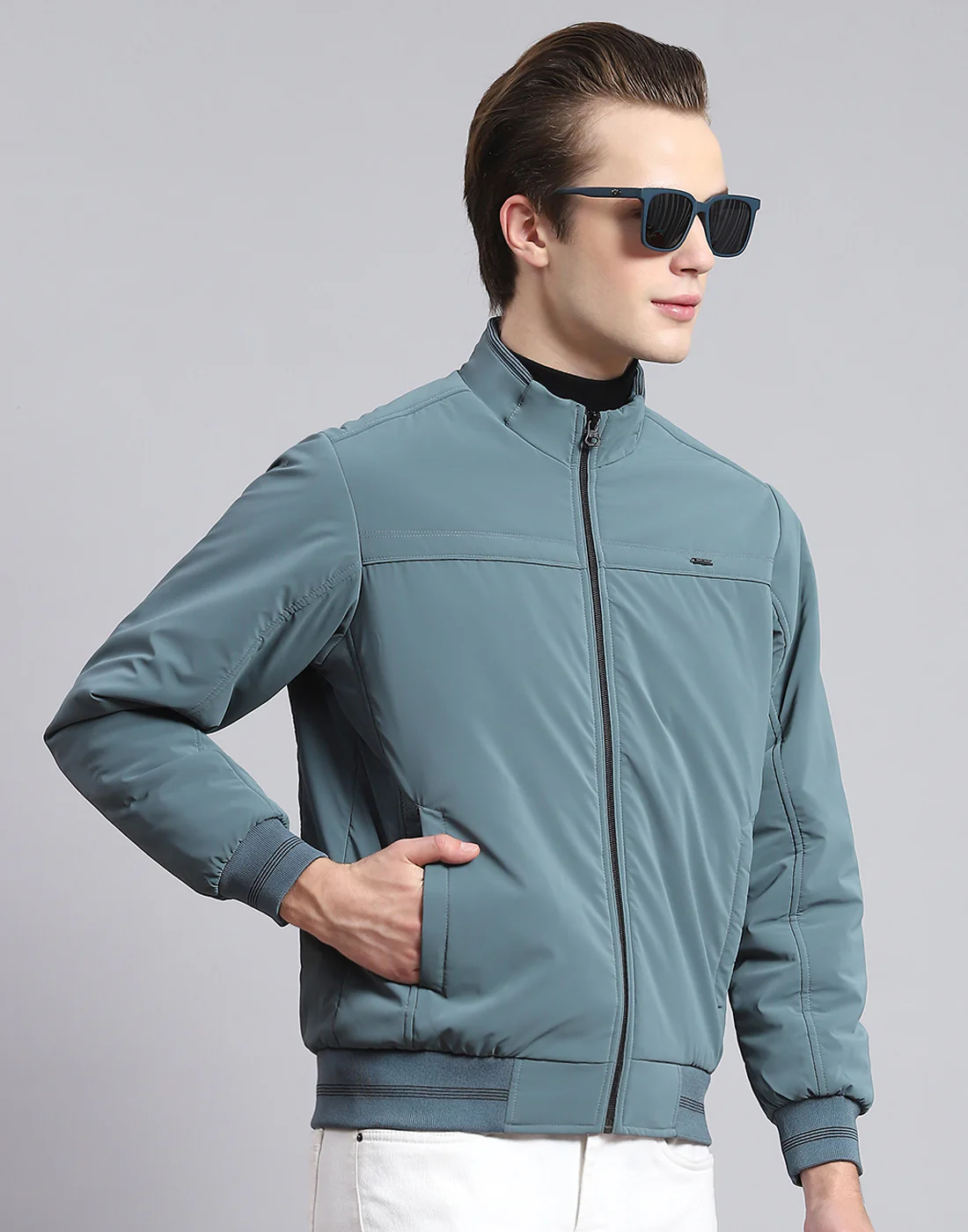 Men Teal Blue Solid Stand Collar Full Sleeve Jacket - Image 4