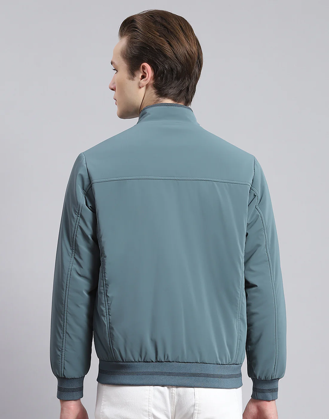 Men Teal Blue Solid Stand Collar Full Sleeve Jacket - Image 5