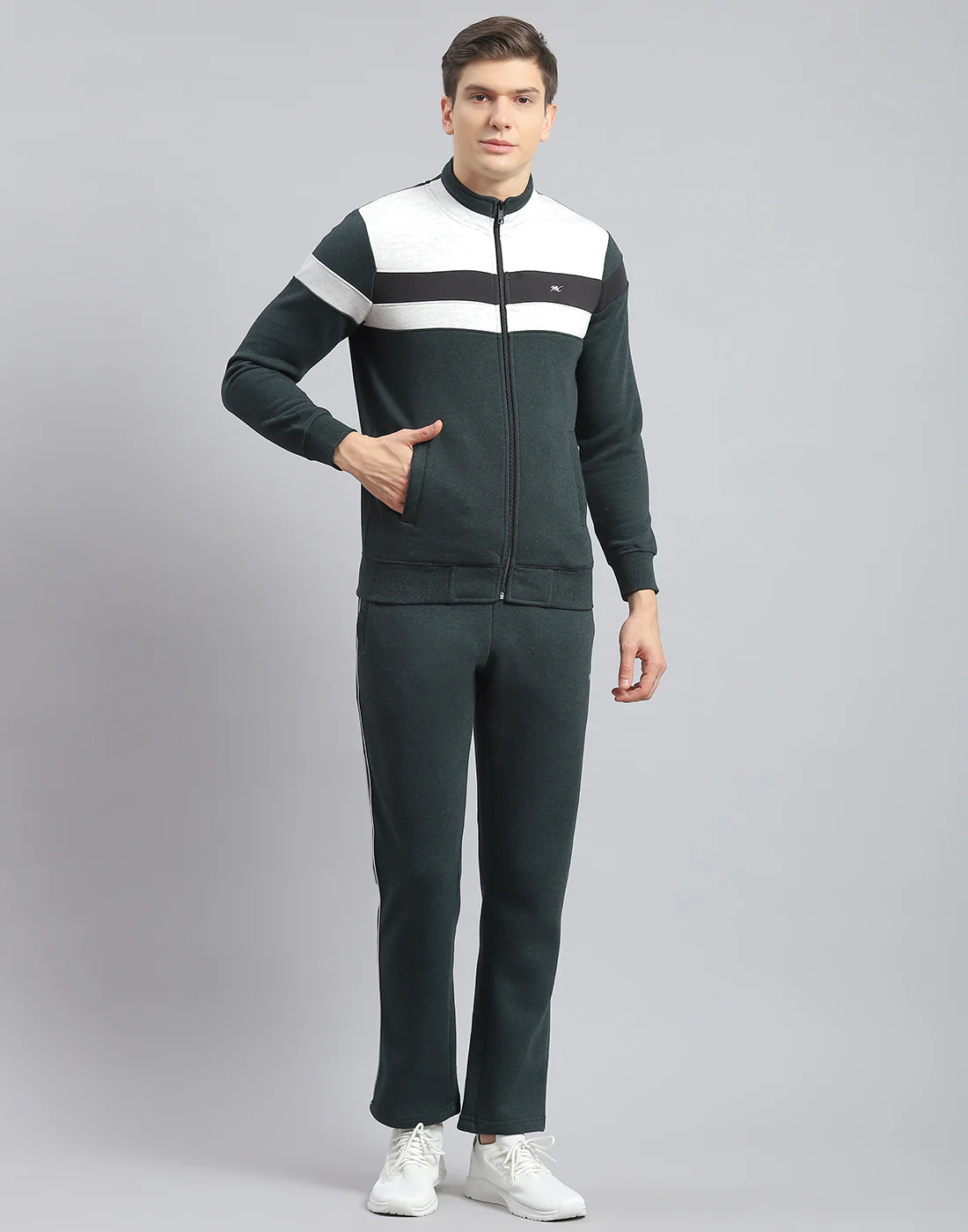 Men Teal Blue Solid Stand Collar Full Sleeve Tracksuit - Image 2