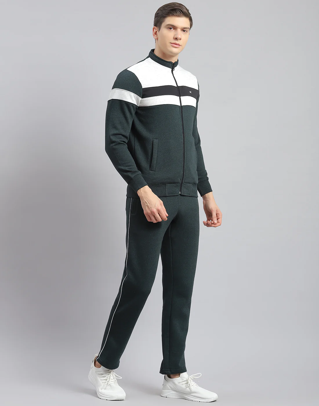 Men Teal Blue Solid Stand Collar Full Sleeve Tracksuit - Image 4