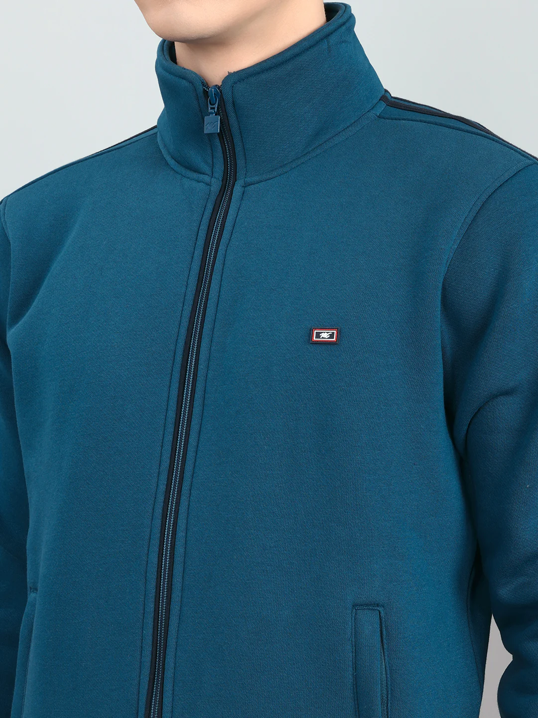 Men Teal Blue Solid Stand Collar Full Sleeve Winter Tracksuit - Image 5
