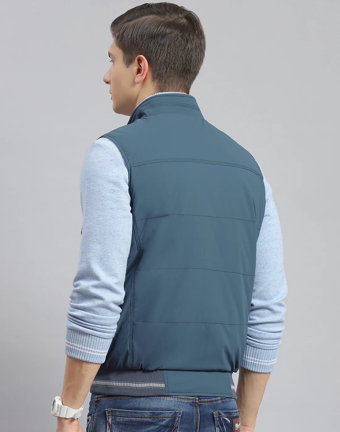 Men Teal Blue Solid Stand Collar Sleeveless Jacket - Image 5