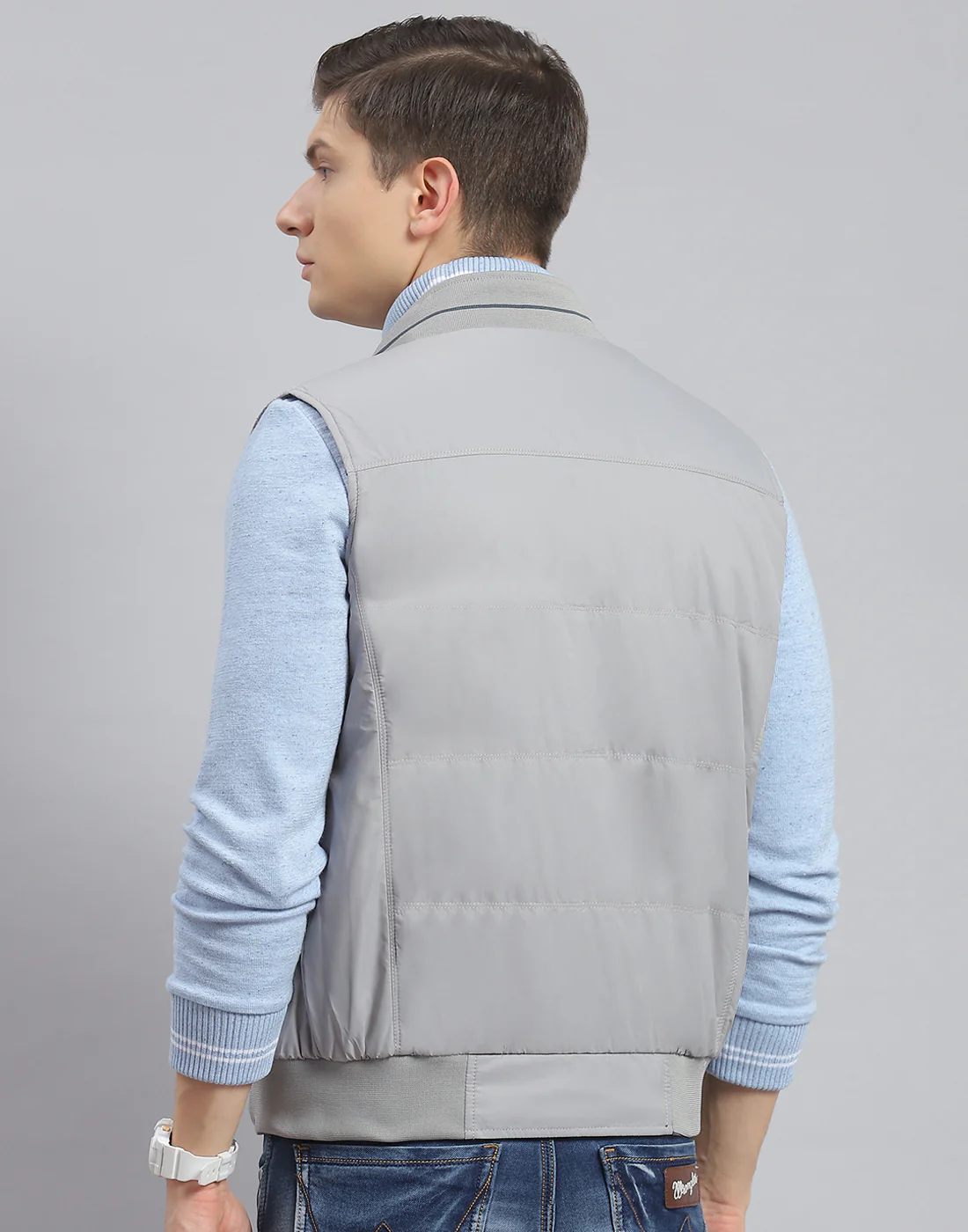 Men Teal Blue Solid Stand Collar Sleeveless Jacket - Image 7