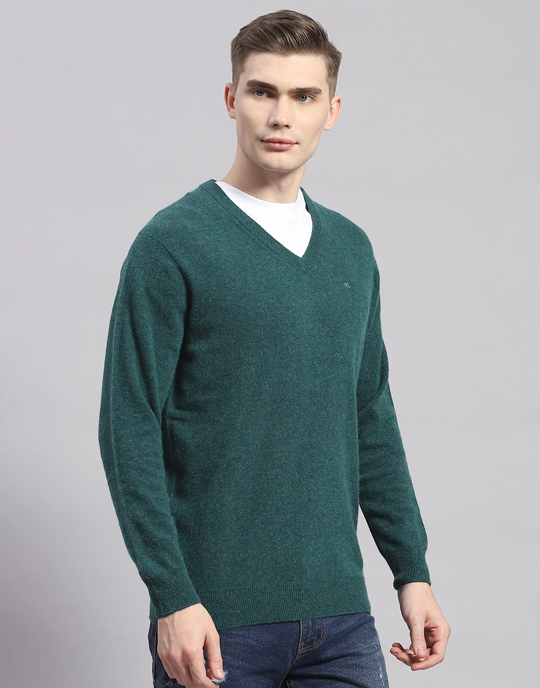 Men Teal Blue Solid V Neck Full Sleeve Pullover - Image 5